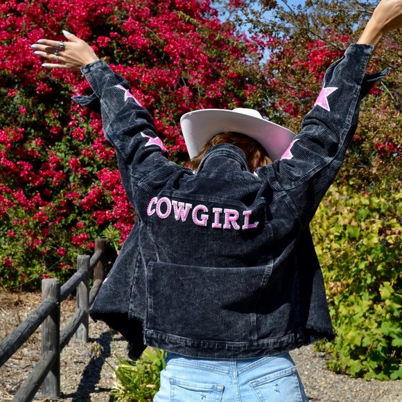 Black and Pink Star Corduroy Western Cowgirl Jacket, Country Jacket - Picture 8 of 10